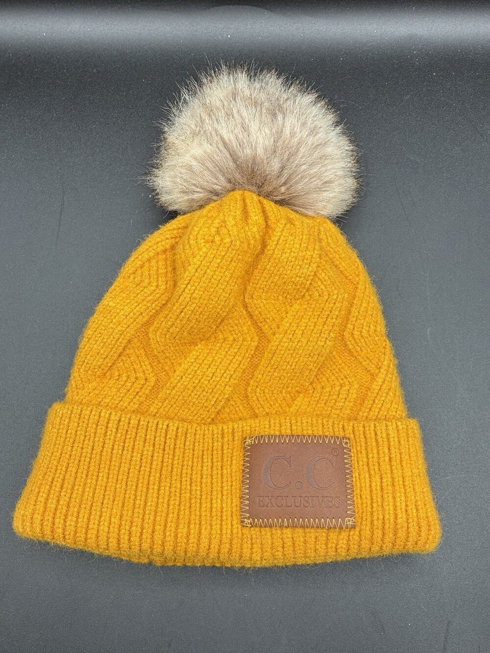 C.C Exclusives Women Warm Soft Geometric Cable Ribbed Beanie with Faux Fur Pom